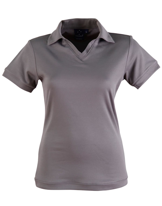 A grey ladies' polo shirt with a collar and short sleeves, featuring a logo on the chest.