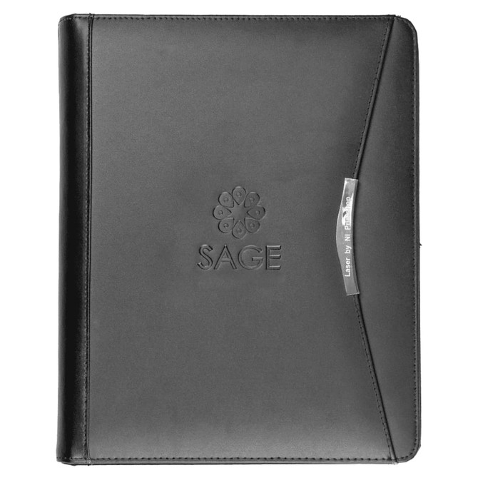 A black bonded leather compendium with a logo and a silver accent on the front cover.