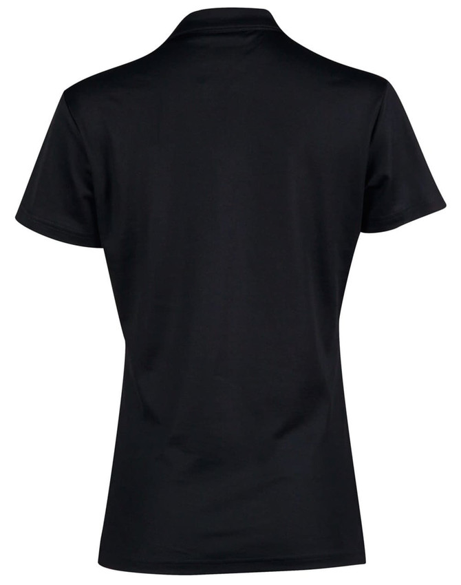 A black short sleeve polo shirt featuring a polo collar and a logo on the back.