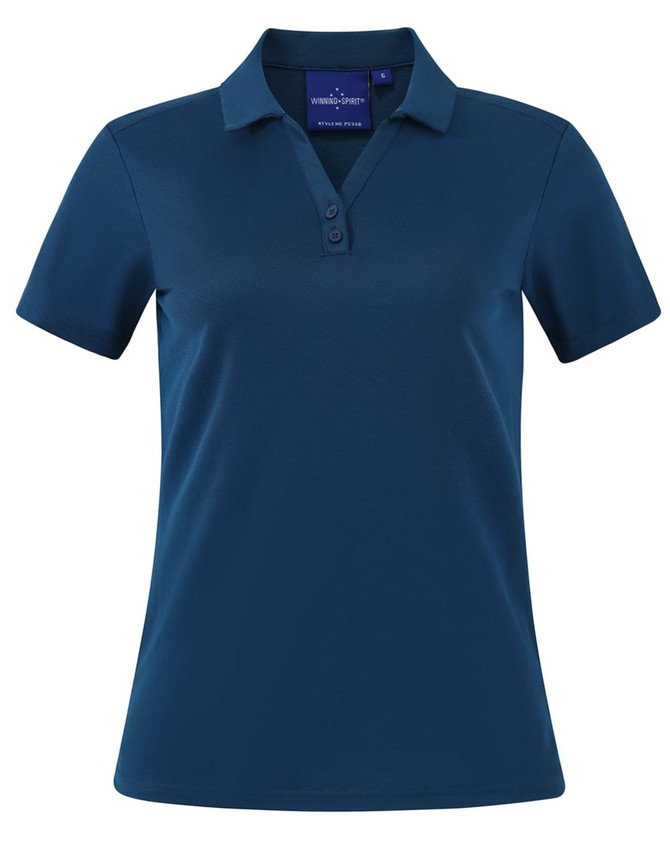 A teal short sleeve polo shirt with a collar and three button placket, featuring a branding logo.