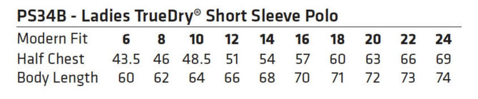 A size chart for the Ladies' CVictory TrueDry® Short Sleeve Polo, displaying measurements for various sizes.