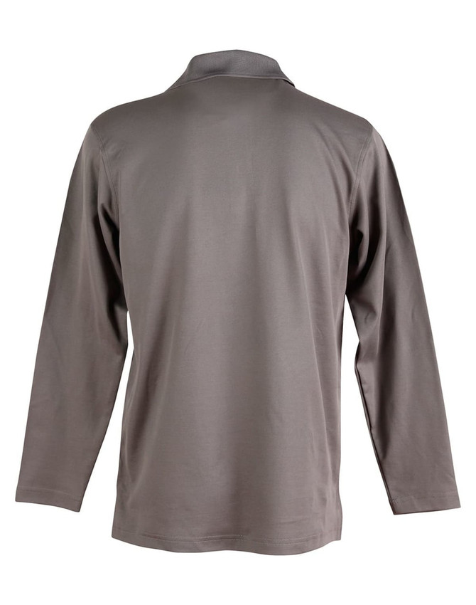 A grey long sleeve polo shirt with a collar, featuring a logo on the back.