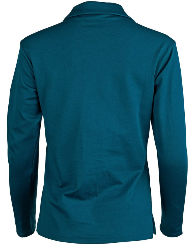 A long sleeve polo shirt in teal, featuring a collar and a logo on the back.