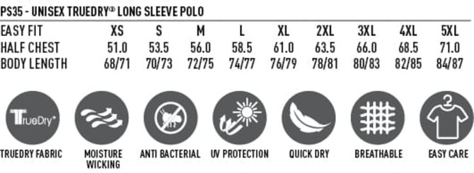 A long sleeve polo shirt in multiple sizes with a fabric care guide and features like moisture-wicking and quick-dry.