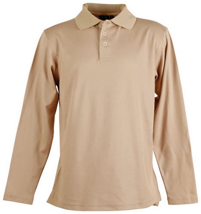 A long sleeve polo shirt in a beige colour with a collar and three buttons, featuring a logo.