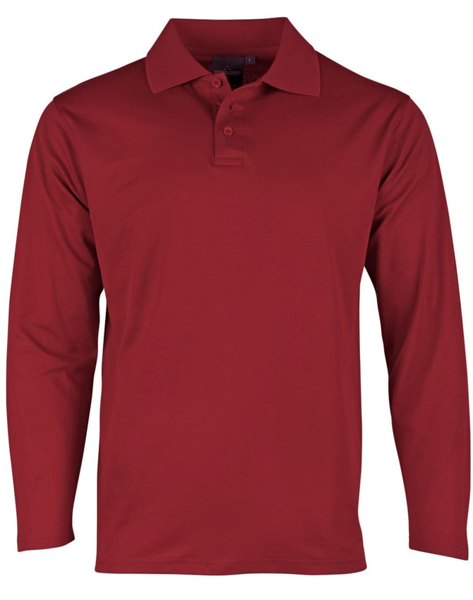 A long sleeve polo shirt in a rich red colour, featuring a collar and three-button placket. It has a logo on the chest.