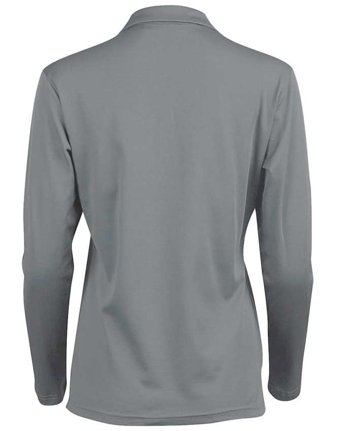 A long sleeve polo shirt in grey, featuring a collar and a logo on the back.