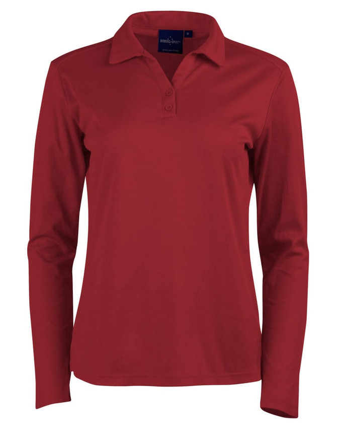 A red long sleeve polo shirt featuring a collar and buttons, with a logo on the chest.