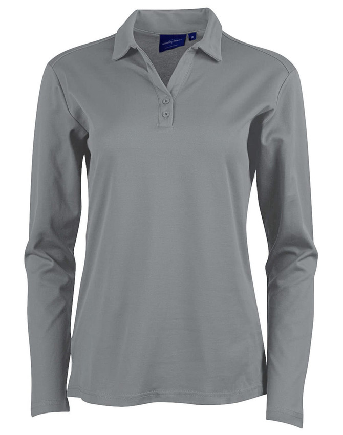 A long sleeve polo shirt in grey, featuring a collar and three buttons, with branding on the neckline.