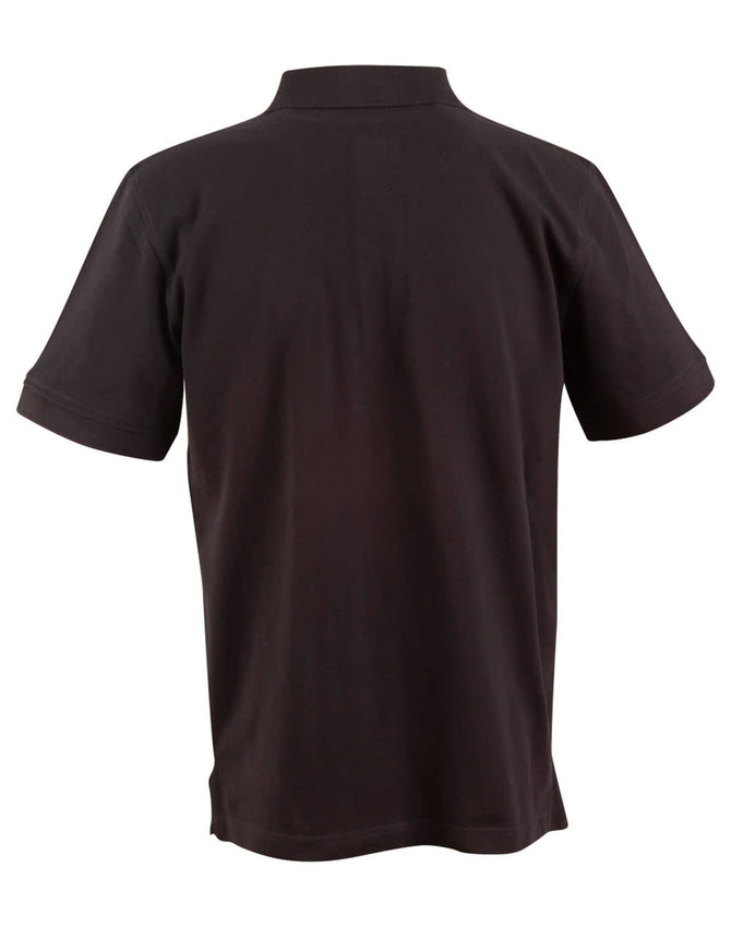 A black men's polo shirt with a classic collar and short sleeves, featuring a logo on the back.
