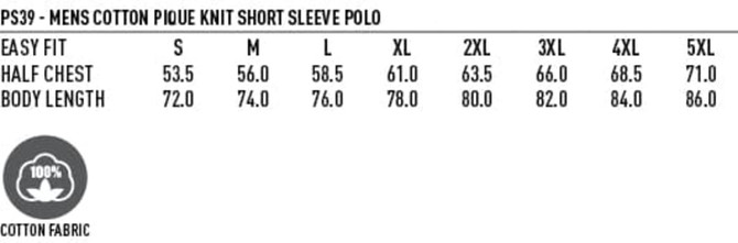 A chart detailing sizing measurements for a men's cotton polo shirt in various sizes, featuring a logo.