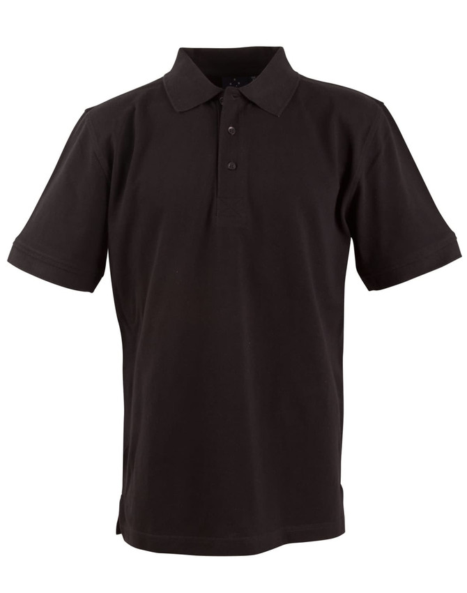 Men's polo shirt in black with a collared neckline and short sleeves. Features a logo on the chest.