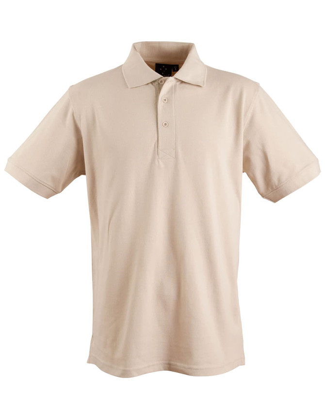 A beige men's polo shirt with a collared neckline and short sleeves, featuring a logo.
