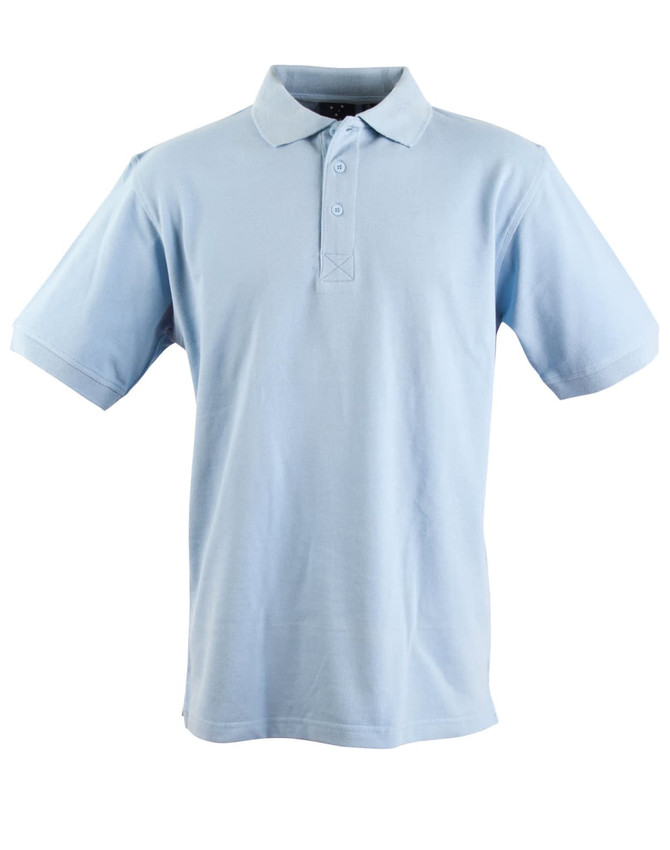 A light blue Men's Longbeach Polo shirt with a classic polo collar and short sleeves, featuring a logo.
