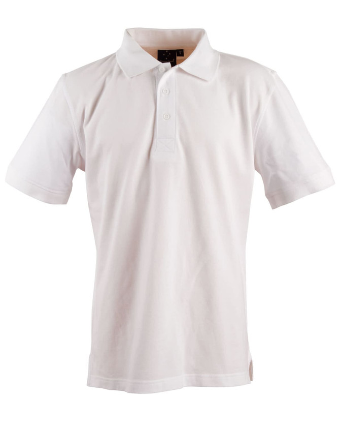 A white short-sleeved polo shirt with a collar and a small logo on the chest.