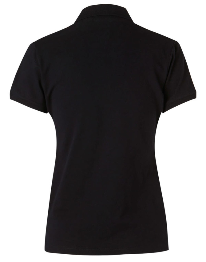 A black ladies' polo shirt with a classic collar and short sleeves, featuring a small logo.