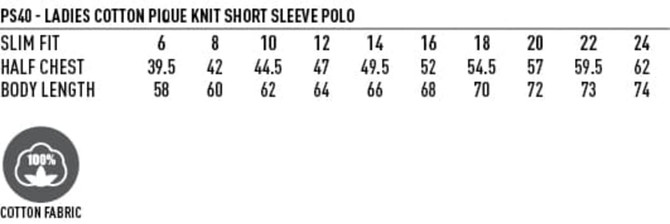 A table displaying sizes and measurements for the Ladies' Longbeach Polo, featuring a cotton fabric composition.