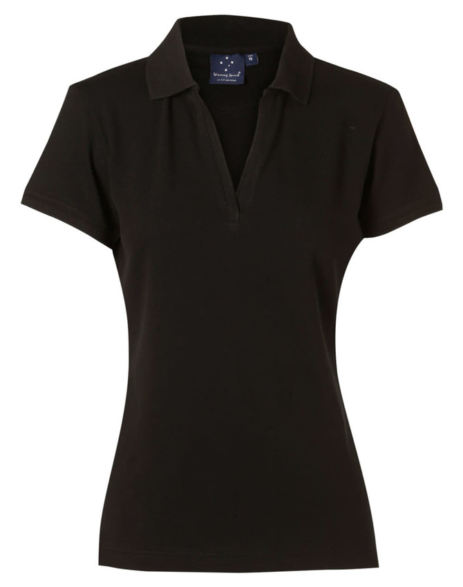 A black ladies' polo shirt featuring a collar and short sleeves, with a logo on the label.