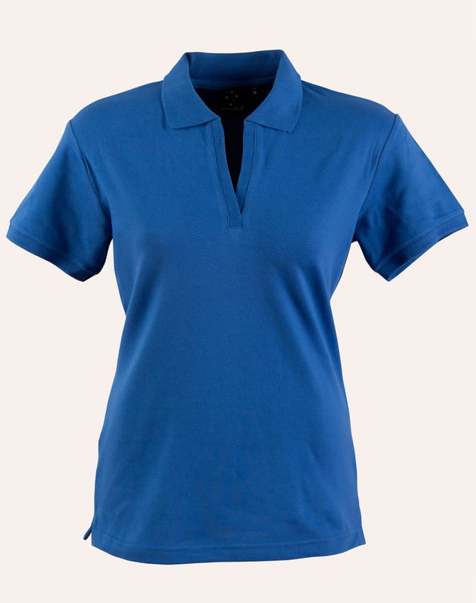 A blue Ladies' Longbeach Polo shirt with a collar and short sleeves. It features a logo on the chest.