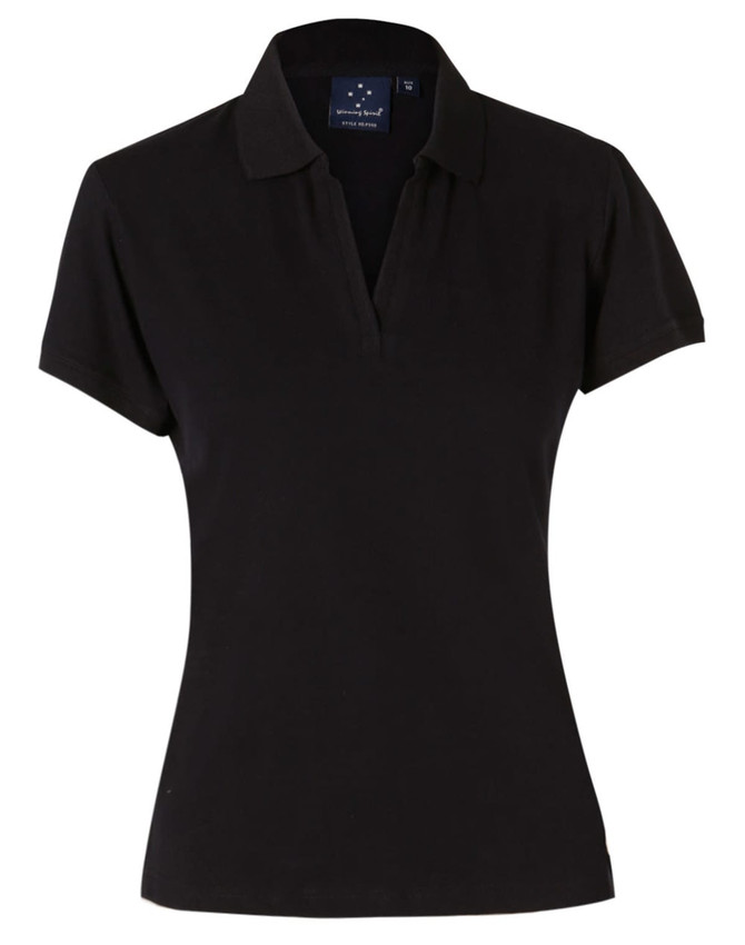 A black ladies' polo shirt with a collared neckline and short sleeves. It features a logo on the chest area.