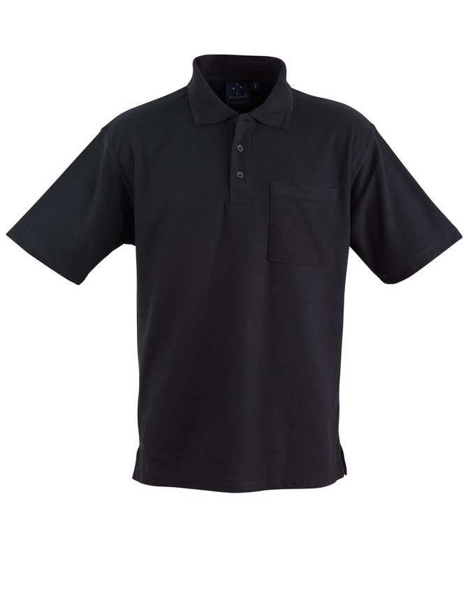A black pocket short sleeve polo shirt with a collar and a chest pocket, featuring a logo.