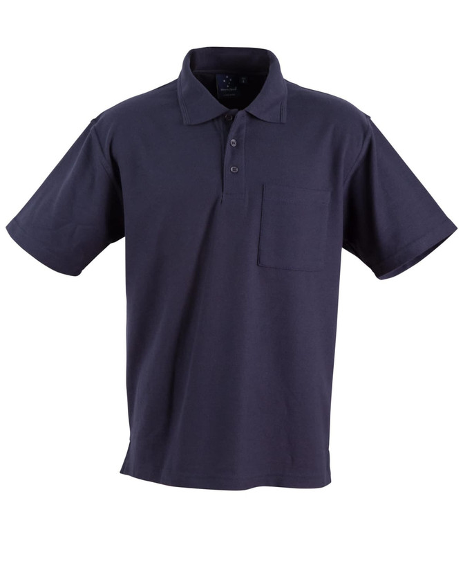A navy blue pocket short sleeve polo shirt with a classic collar and a logo on the chest pocket.