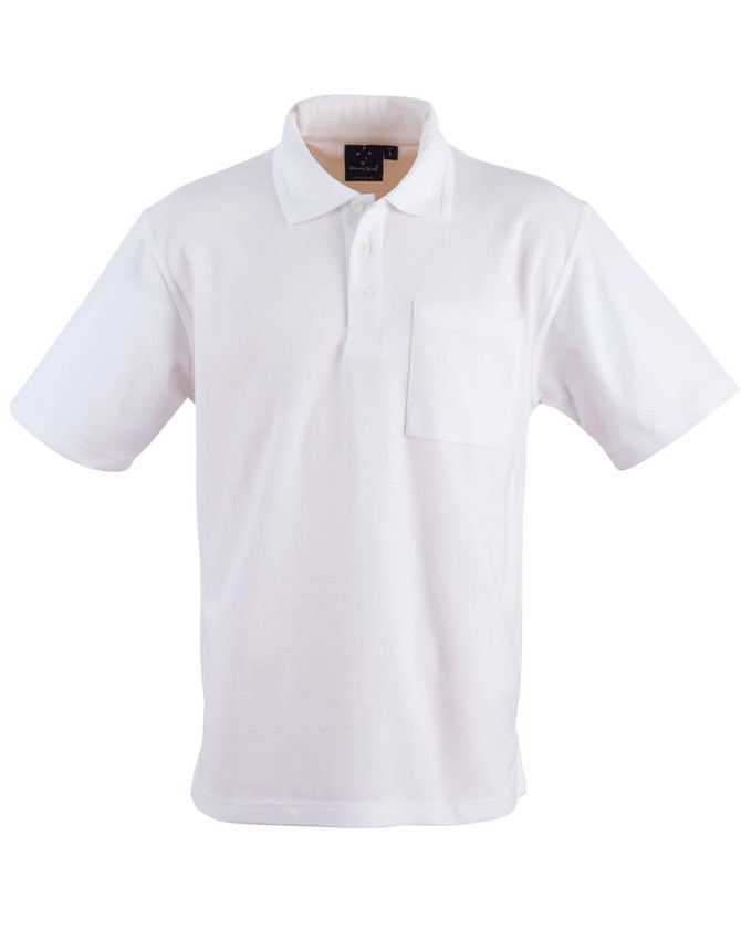 A white short sleeve polo shirt with a pocket and a logo on the collar.