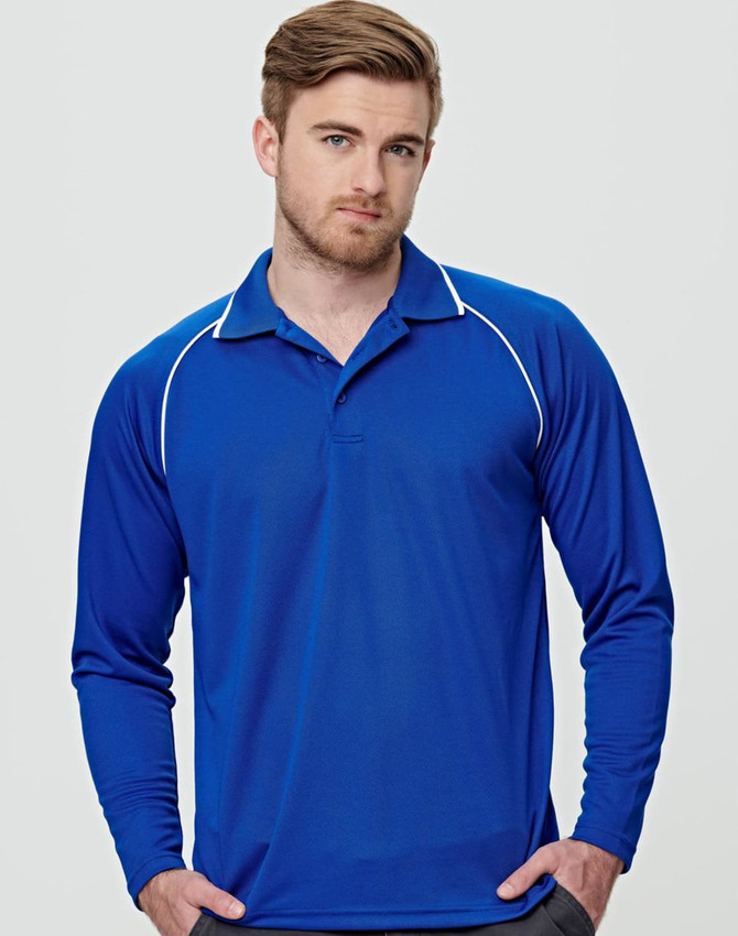 A men's long-sleeve polo shirt in blue with contrasting white detailing and a logo on the chest.