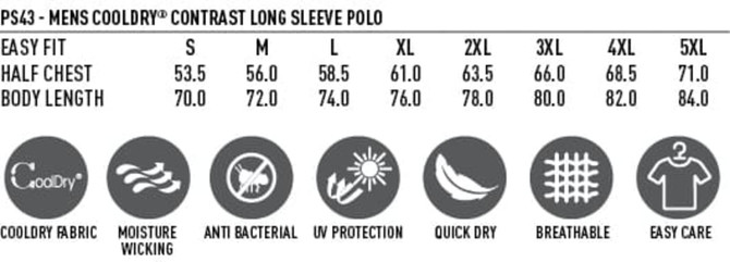 Men's Cooldry raglan long sleeve polo in various sizes, featuring a logo and made with breathable, moisture-wicking fabric.