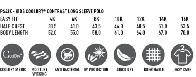 A chart detailing sizes and measurements for a kid's Cooldry contrast long sleeve polo, features a logo and various attributes.