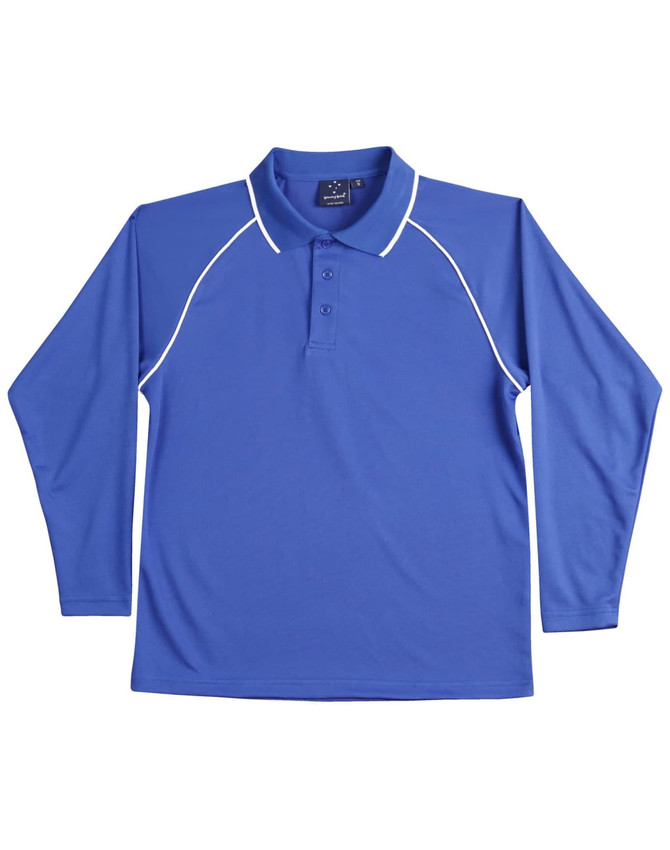 A long-sleeve polo shirt in blue with contrasting white piping and a buttoned collar. It features a logo.