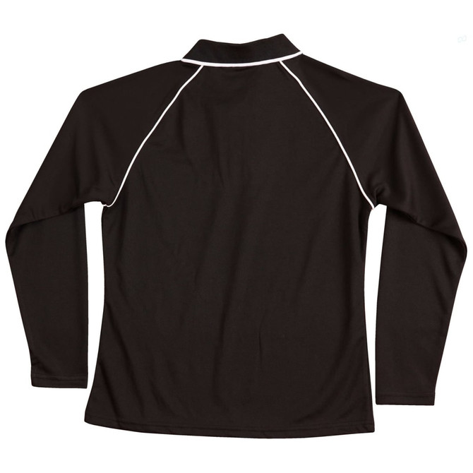 A black long-sleeve polo shirt featuring raglan sleeves and contrasting piping, with a logo present.
