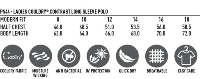 A table displaying sizes and features of the Ladies' Cooldry Contrast Long Sleeve Polo, including fit and fabric details.