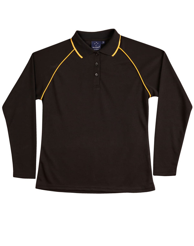 A black long-sleeve polo shirt with yellow piping and a collar, featuring a logo.