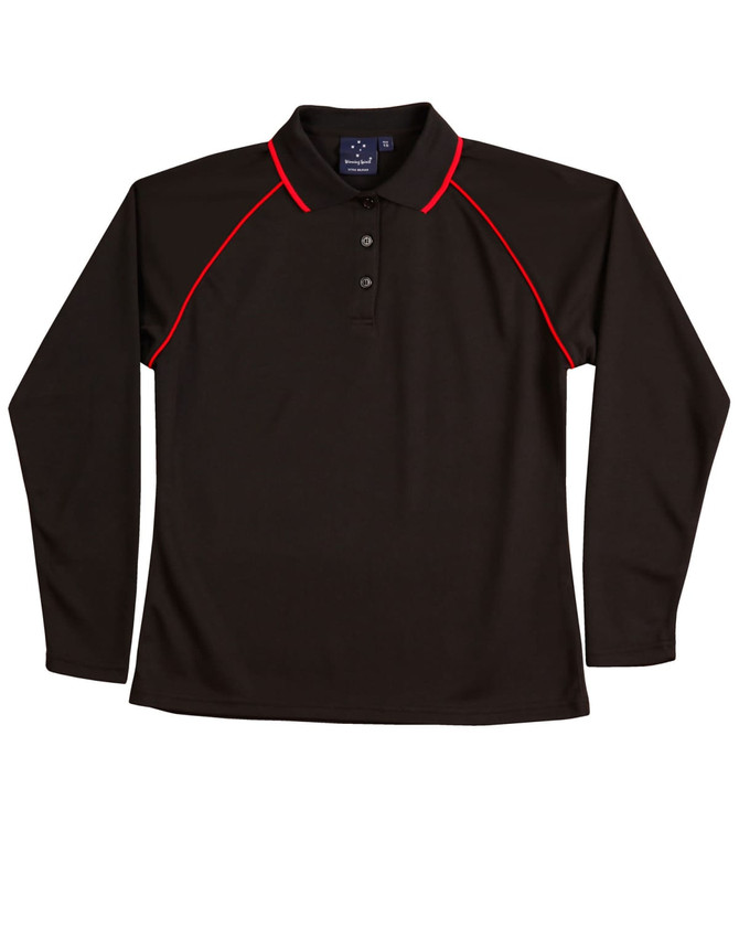 A black long-sleeve polo shirt with red piping and a collar. It features a logo on the front.