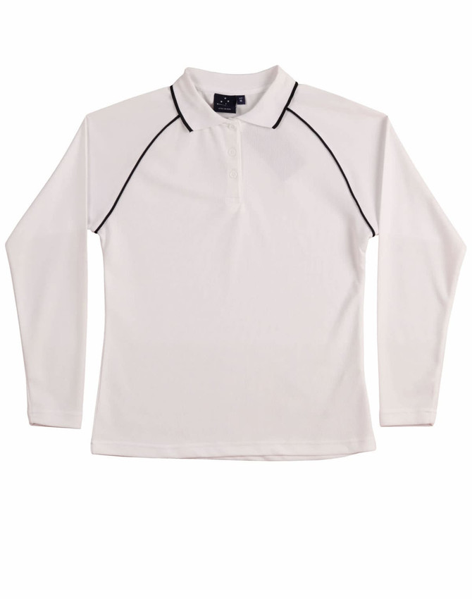 A long-sleeve white polo shirt featuring black piping and a logo on the collar.