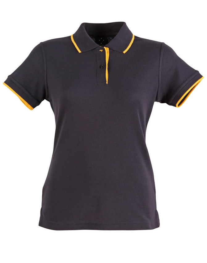 A women's polo shirt in navy blue with yellow detailing on the collar and sleeves. It has a logo on it.