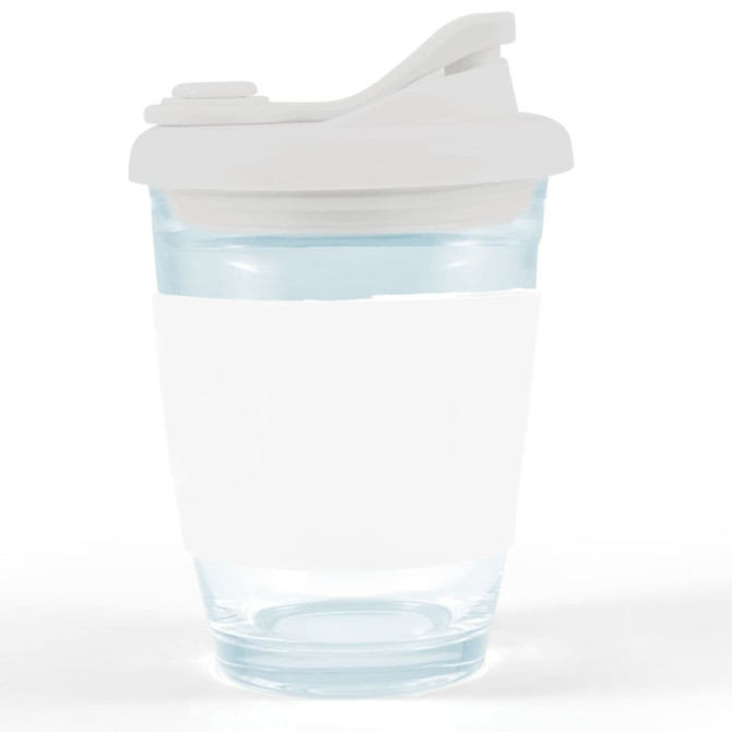 A reusable coffee cup with a clear body and a white snap lid. The cup features a blank white sleeve for customization.