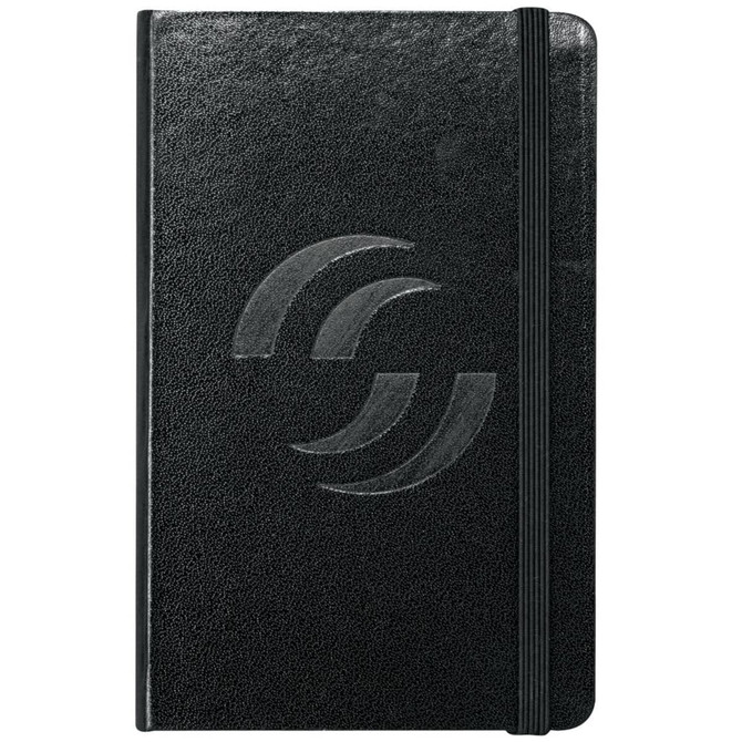 A black bound journal with a textured cover and an elastic band, featuring a logo on the front.