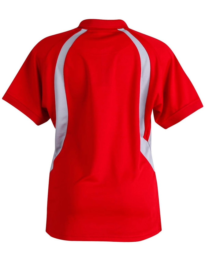 A red polo shirt featuring white accents and a branded logo on the back.