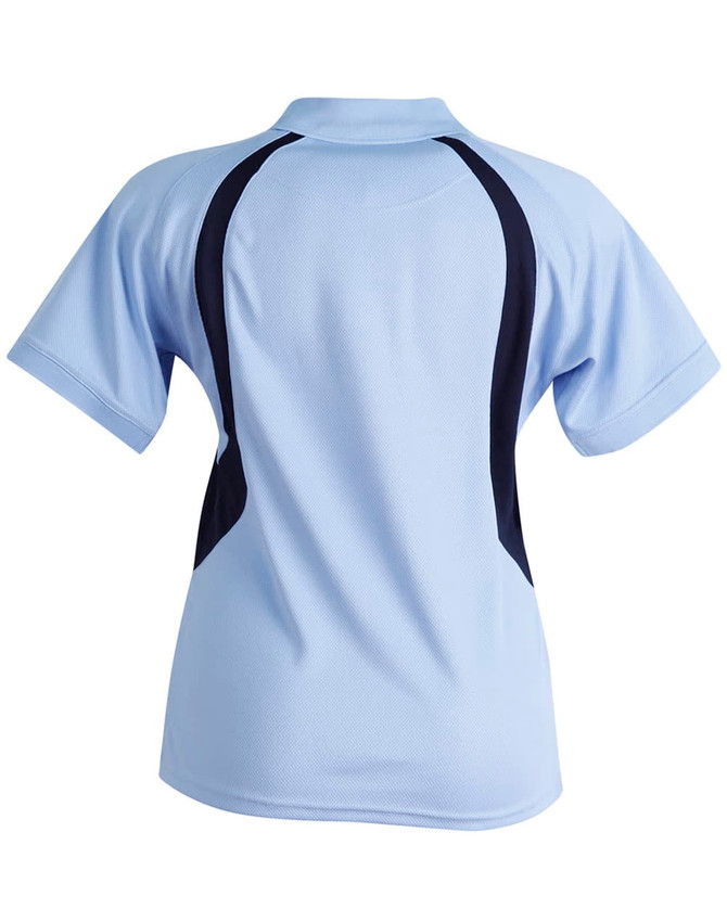 A light blue ladies' polo shirt featuring navy accents and short sleeves, with a logo on the back.