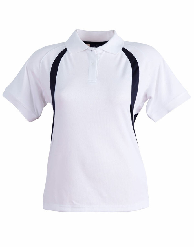 A white polo shirt with black side panels and a collar, featuring a logo on the chest area.