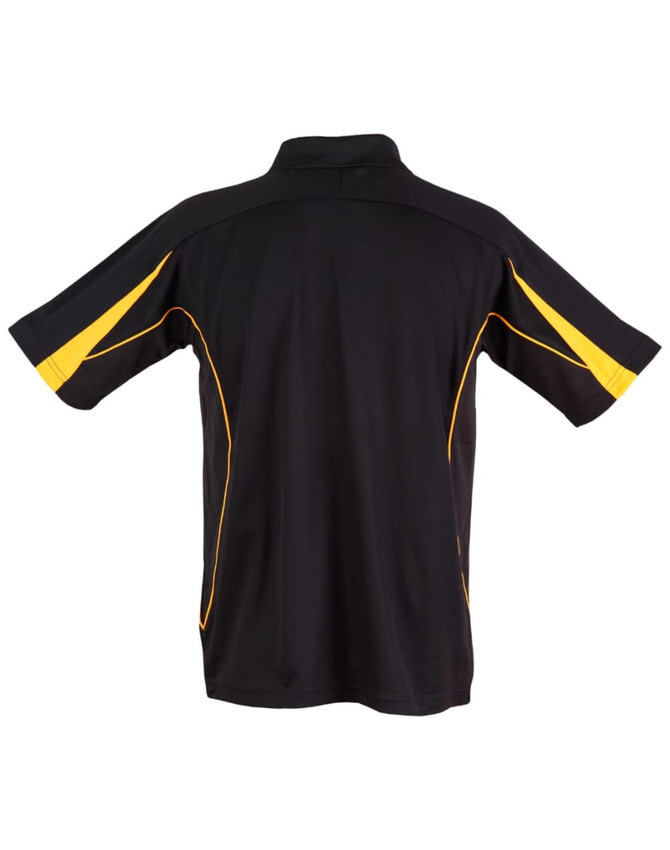 A black polo shirt featuring yellow accents and a logo on the back.