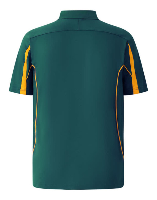 A men's short-sleeve polo shirt in dark green with yellow detailing and a logo on the chest.