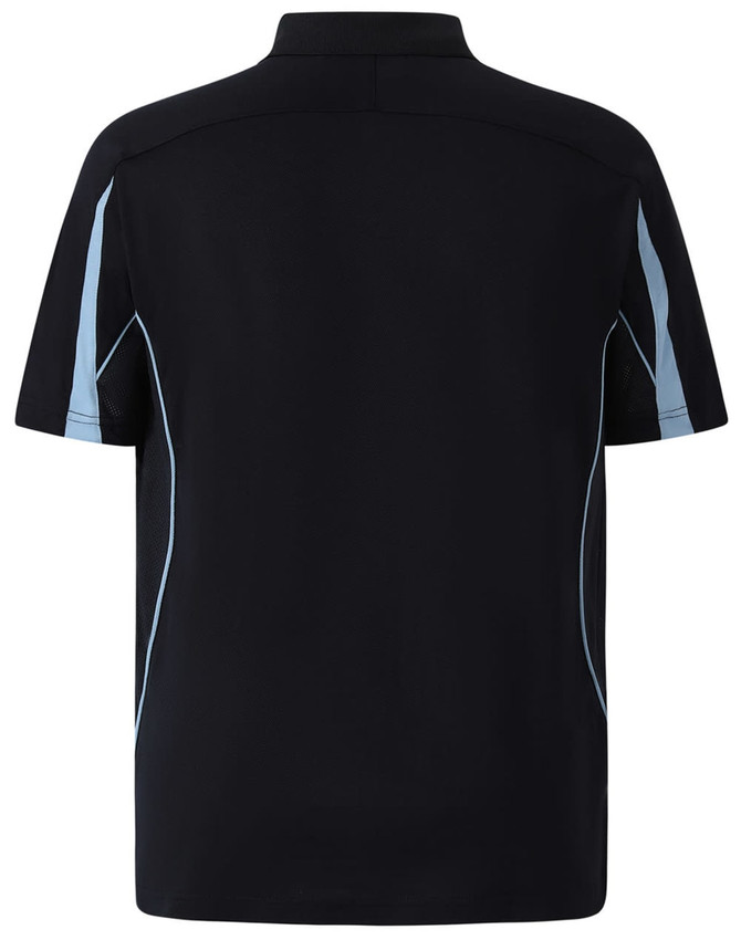 A black short sleeve polo shirt featuring contrasting white accents and a logo on the back.