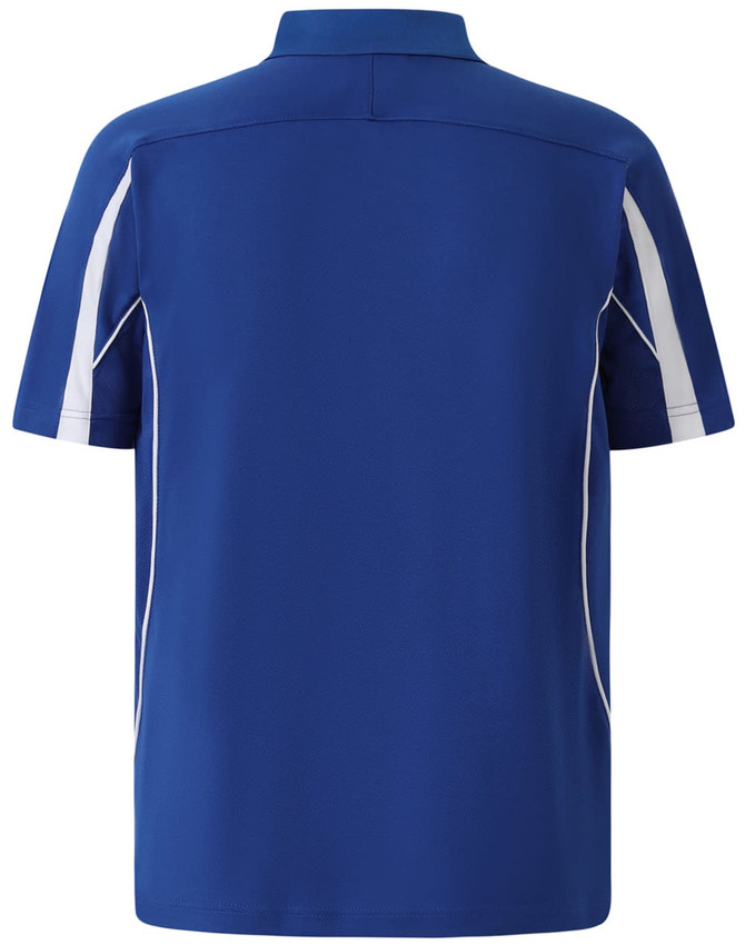 A blue polo shirt featuring white accents and a logo on the back. Short sleeves complete the sporty look.