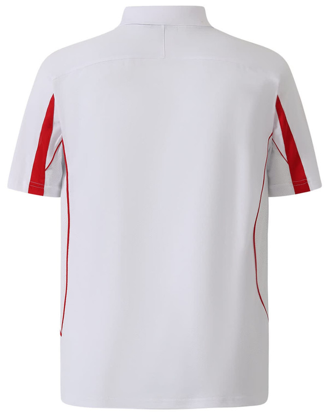 A white polo shirt with red accents, featuring short sleeves and a back view. It has a logo on the upper back.