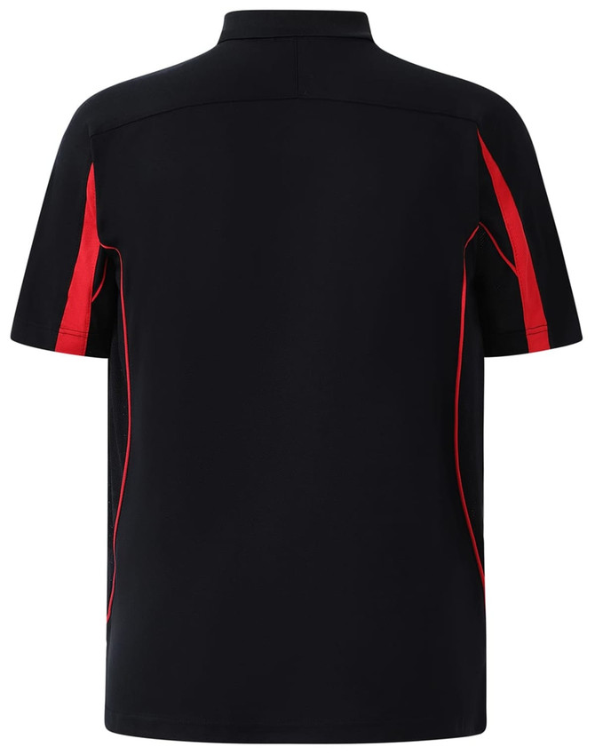 A short sleeve polo shirt in black with red detailing and a logo on the front.