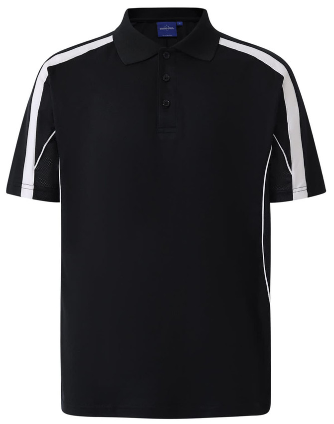 A black polo shirt featuring white side stripes and a collar, with a logo on the chest.