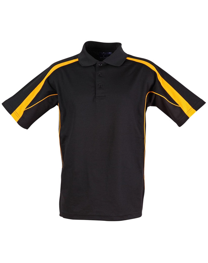 A black polo shirt with yellow side stripes and a logo. Short sleeves and a buttoned collar design.